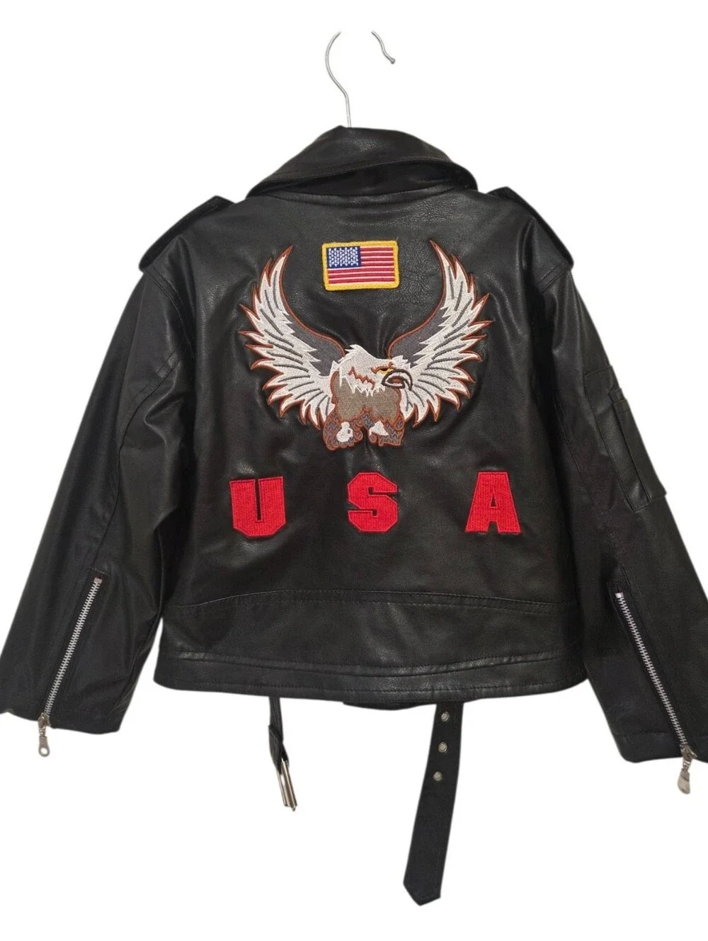 Bike Star Black Faux Leather Kids Biker Jacket With USA Themed Embroidery.